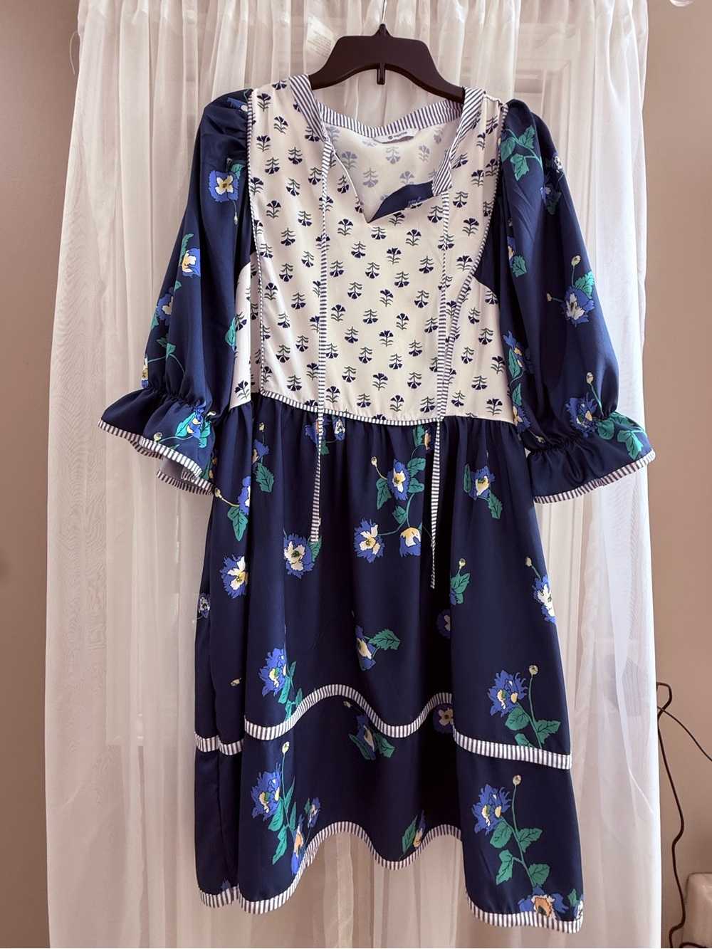 Women’s Navy Floral Tiered Dress with Contrast Bodice